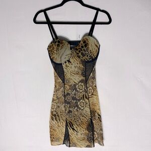 Vintage Y2K Sheer Iridesscent Mesh Animal Print Bodycon Slip Mini Dress M